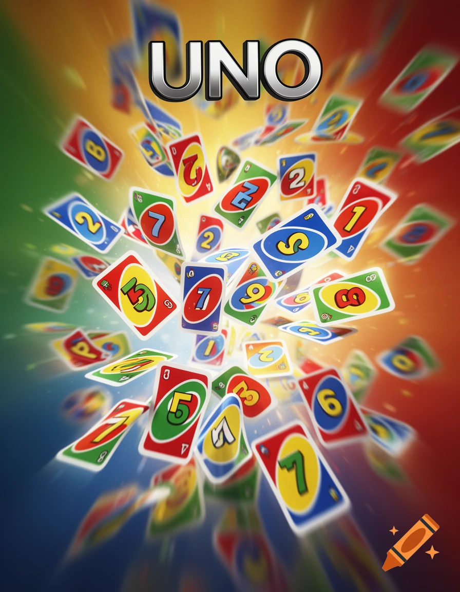 Vibrant Uno cards flying out from a bright center, with 'UNO' text, on a rainbow gradient background.