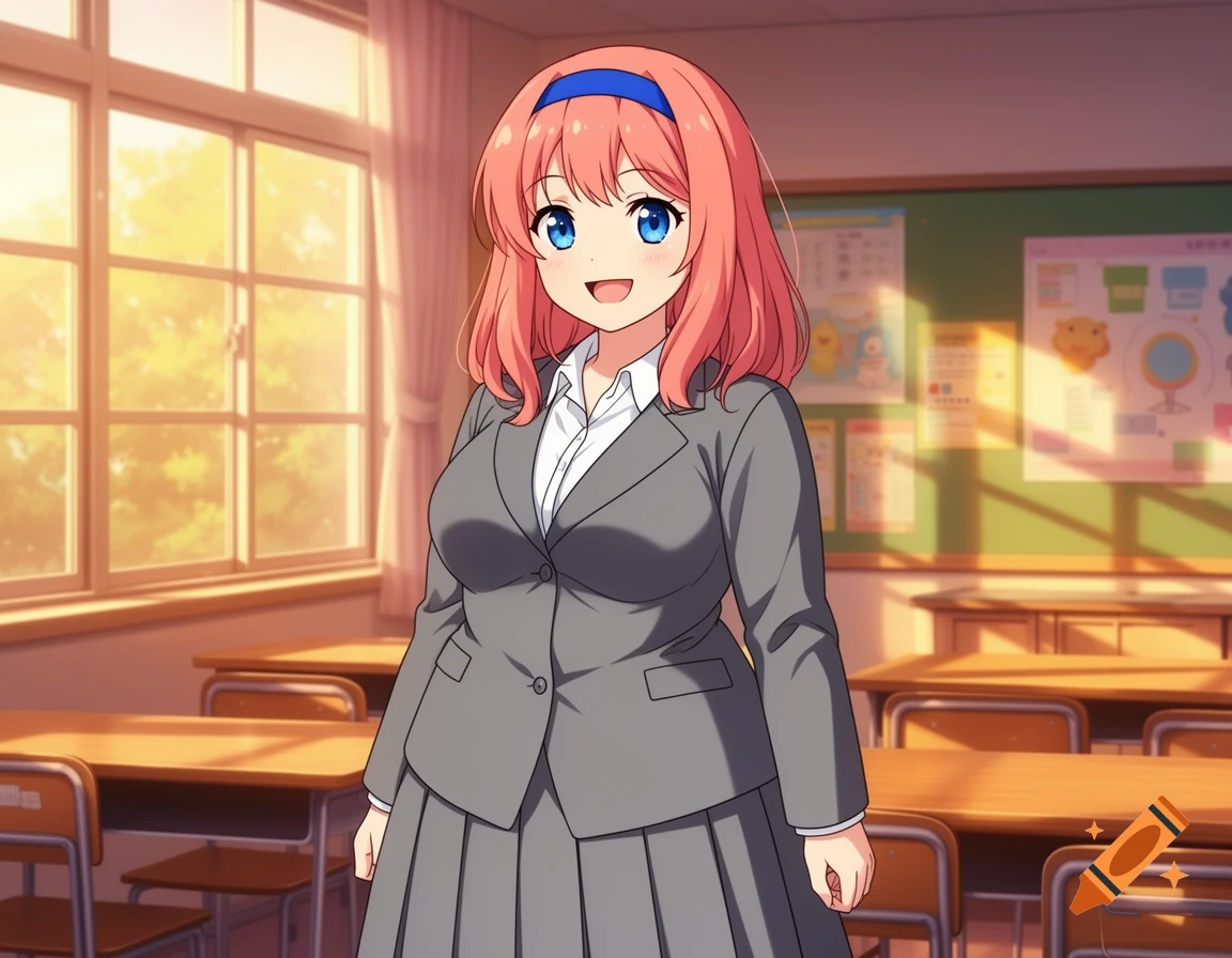 An anime girl with pink hair and a blue headband, wearing a grey school uniform, smiles in a classroom.