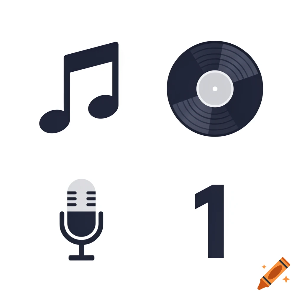 Four simple icons: a musical note, a vinyl record, a microphone, and the number one, all on a white background.