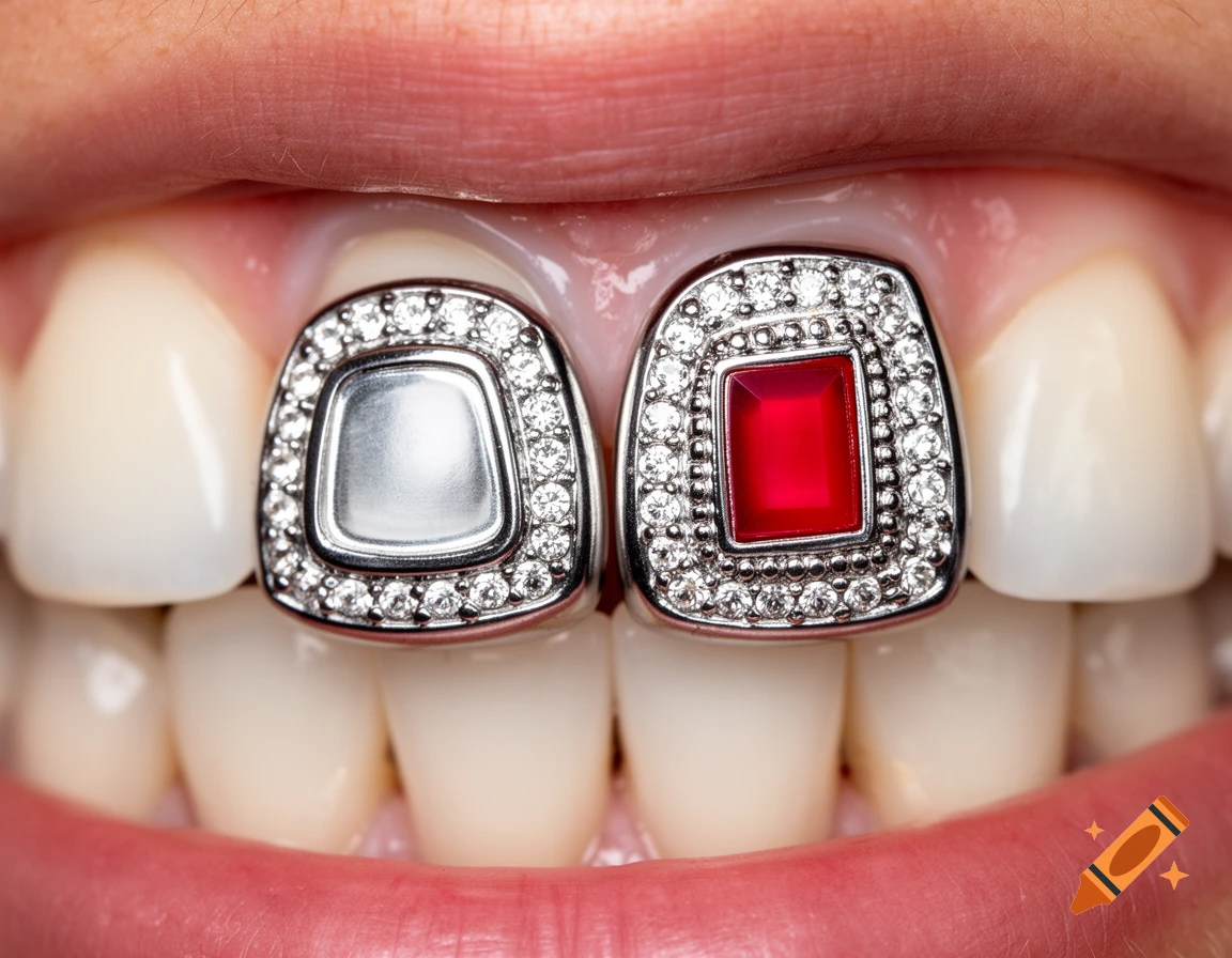Close-up of a mouth smiling, showing two detailed grillz on the upper front teeth, one silver with a red rectangular gem, and one solid silver.