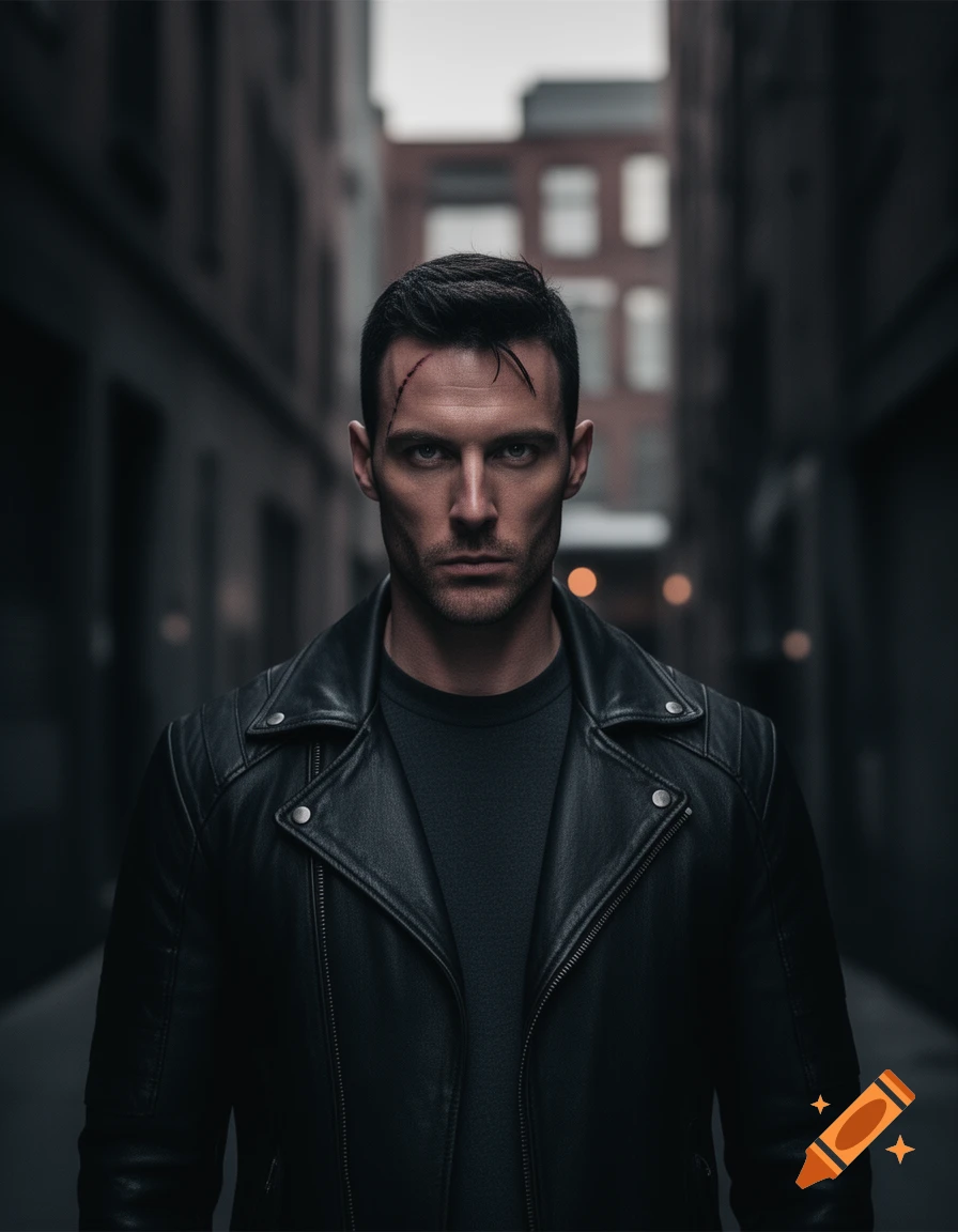 A serious man with a scar on his forehead, wearing a black leather jacket, stands in a dark urban alleyway.