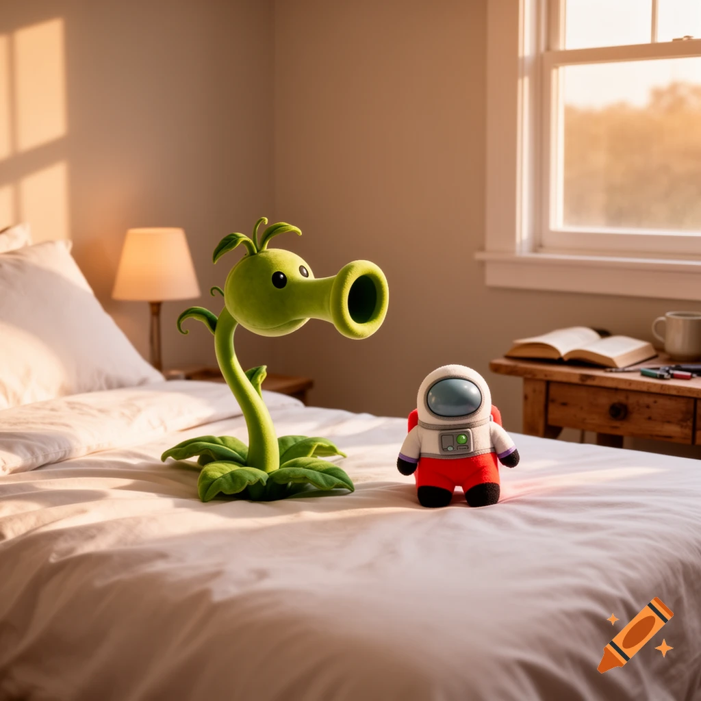 A green Peashooter plushie next to a white and red Among Us astronaut plushie on a bed in a sunlit bedroom.