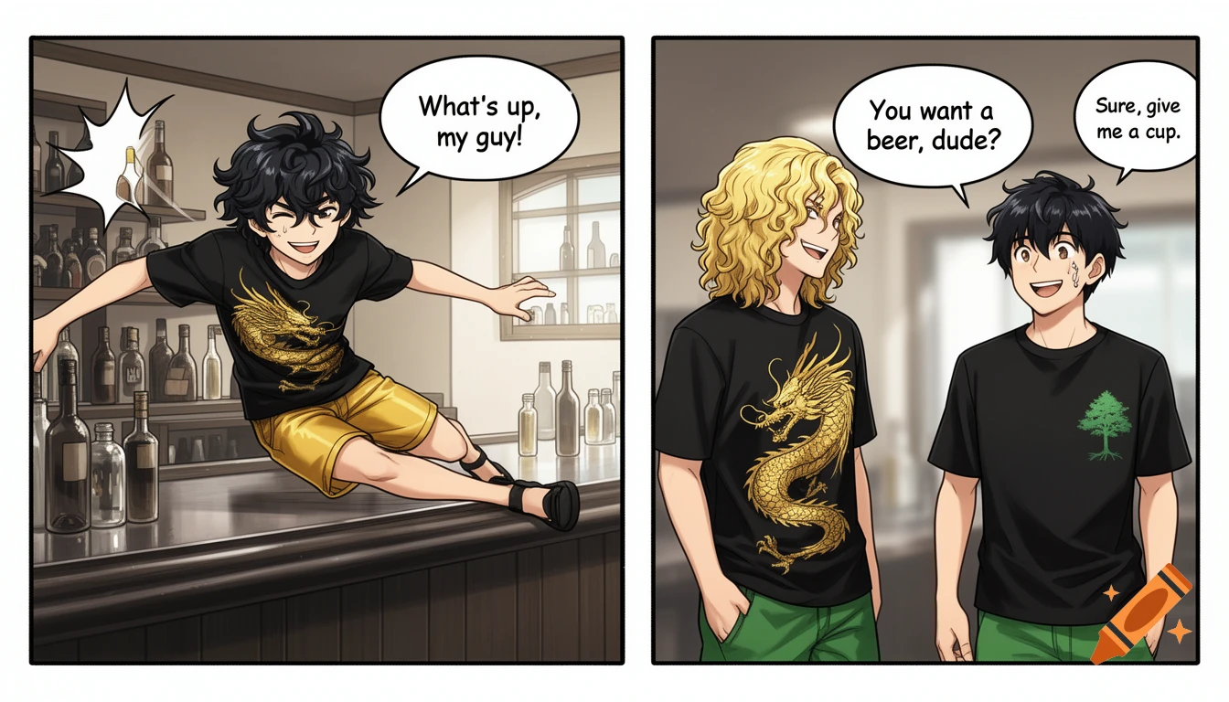 A two-panel manga comic. In the first panel, a black-haired boy slides across a bar counter, winking and saying "What's up, my guy!". In the second panel, he talks to a blonde boy, who asks "You want a beer, dude?" and the black-haired boy replies "Sure, give me a cup."