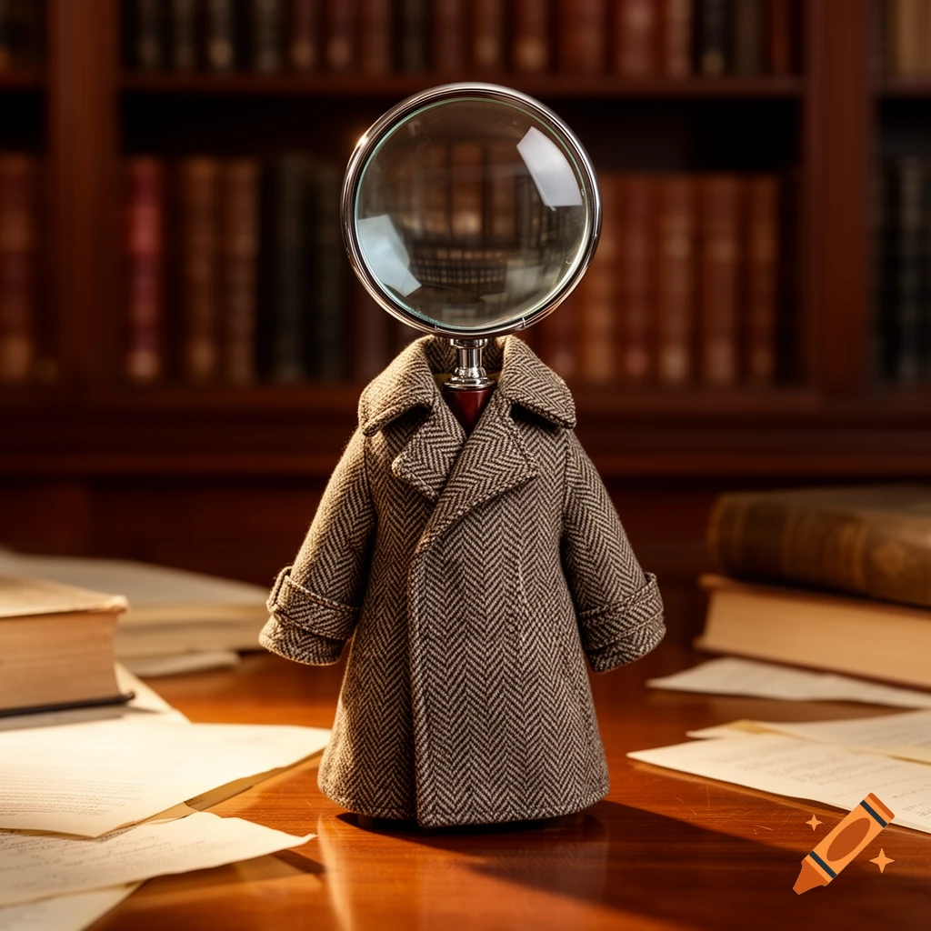 A photorealistic image of a magnifying glass wearing a small tweed coat on a wooden desk with books and papers in a library setting.