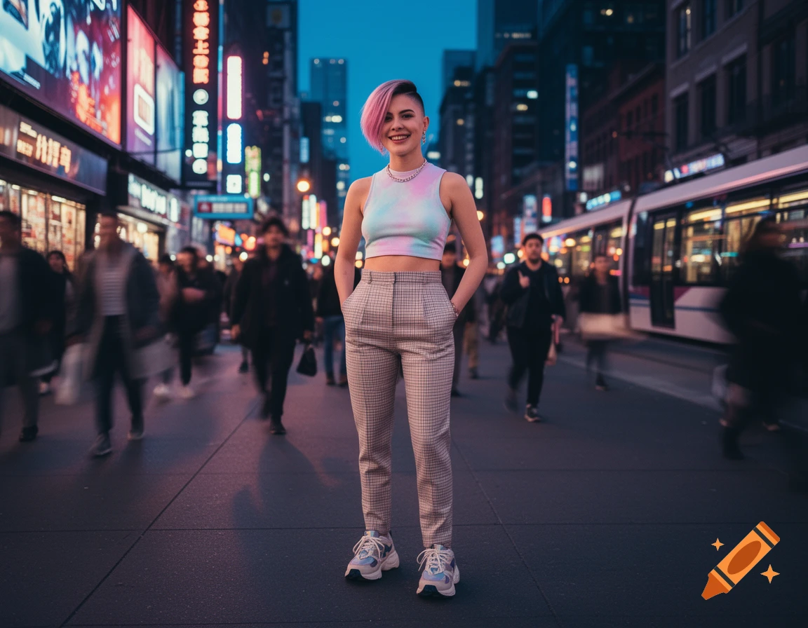 A smiling person with short pink hair and a colorful crop top stands in the middle of a busy city street at night, surrounded by neon signs and blurred crowds.