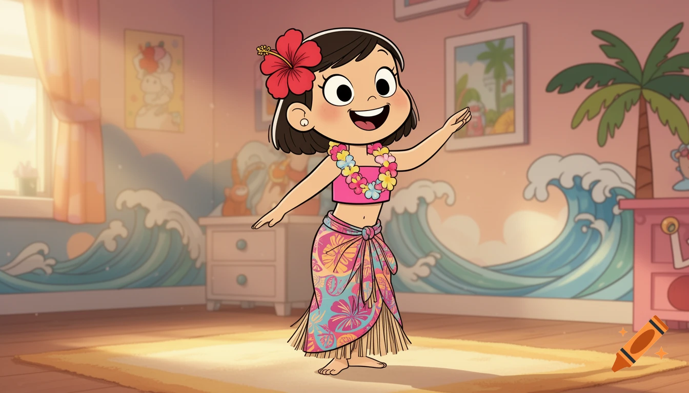 A cartoon girl in Nickelodeon style dances a hula in a pink crop top, sarong, and flower lei in a room with wave murals.