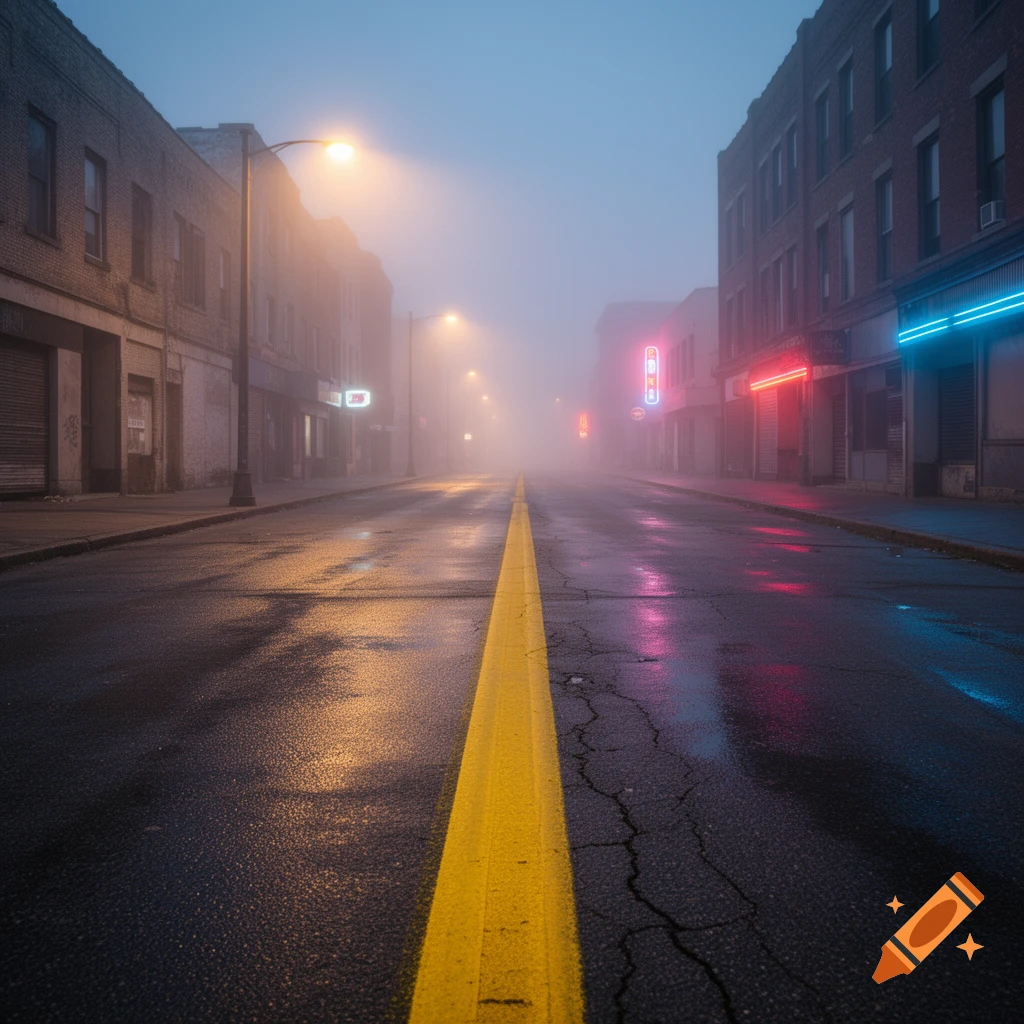 A foggy city street at night with wet asphalt reflecting colorful neon lights, leading into the distance with a bright yellow center line.