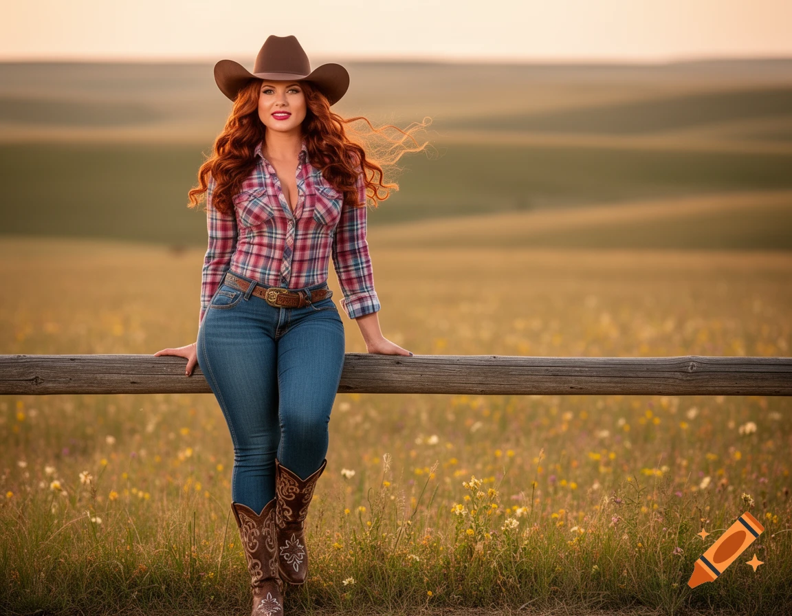 A red-haired woman in a cowboy hat, plaid shirt, jeans, and boots leans on a wooden fence in a sunny field with wildflowers.