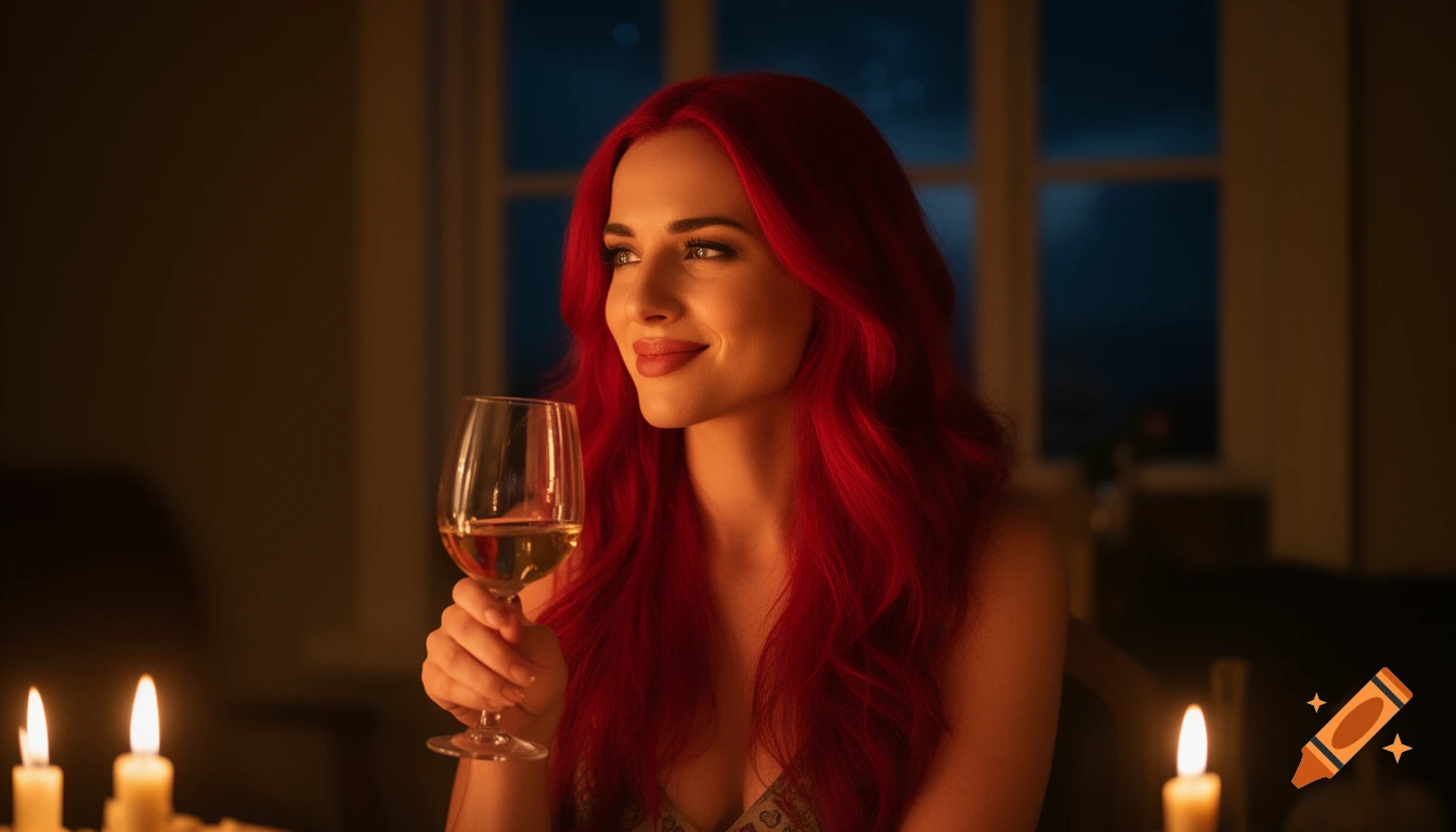Photorealistic portrait of a red-haired woman holding a glass of white wine, illuminated by soft candlelight.
