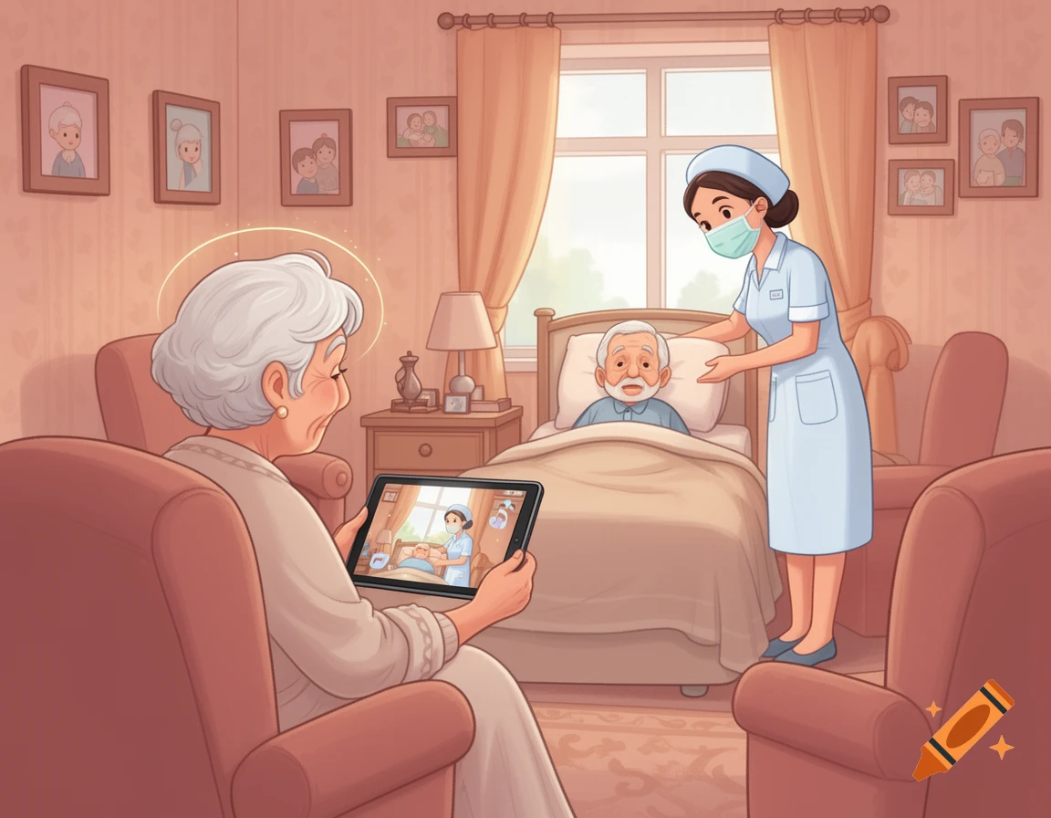 A heartwarming cartoon shows an elderly woman video calling her husband in a nursing home, where a nurse attends to him.