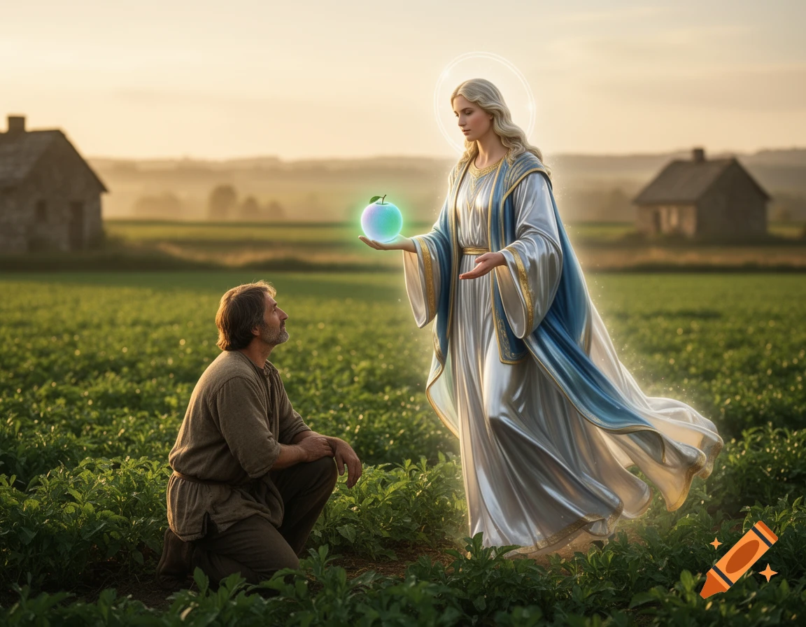A man kneels before a woman in flowing robes holding a glowing fruit in a field with houses in the background at sunset, photorealistic.