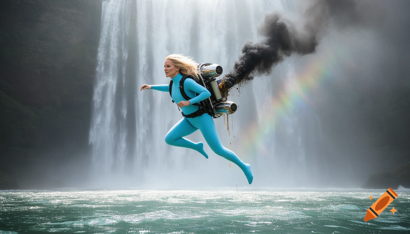 Blonde woman in a blue suit with a malfunctioning, smoking, and leaking jetpack hovers over a waterfall.