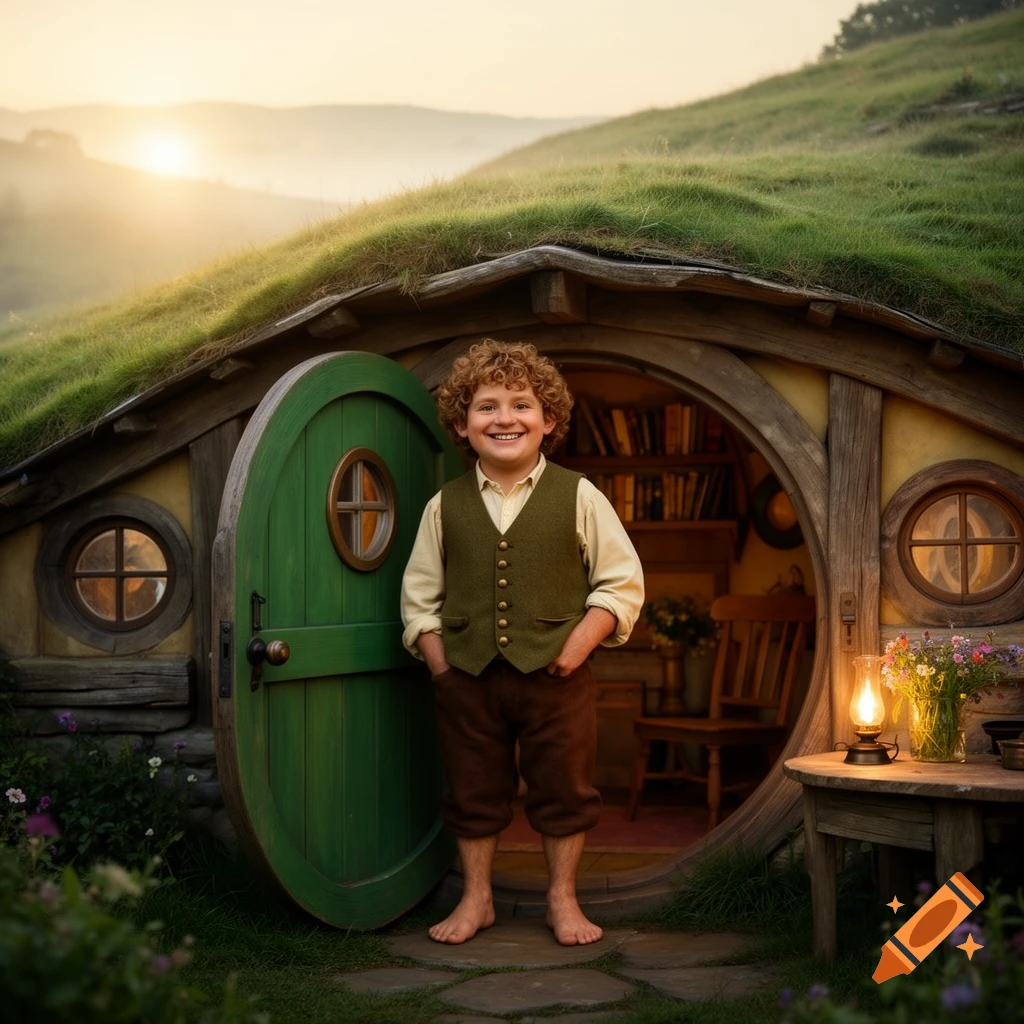 A smiling young boy with curly hair, dressed as a hobbit, stands barefoot outside a green-doored hobbit hole at sunset.
