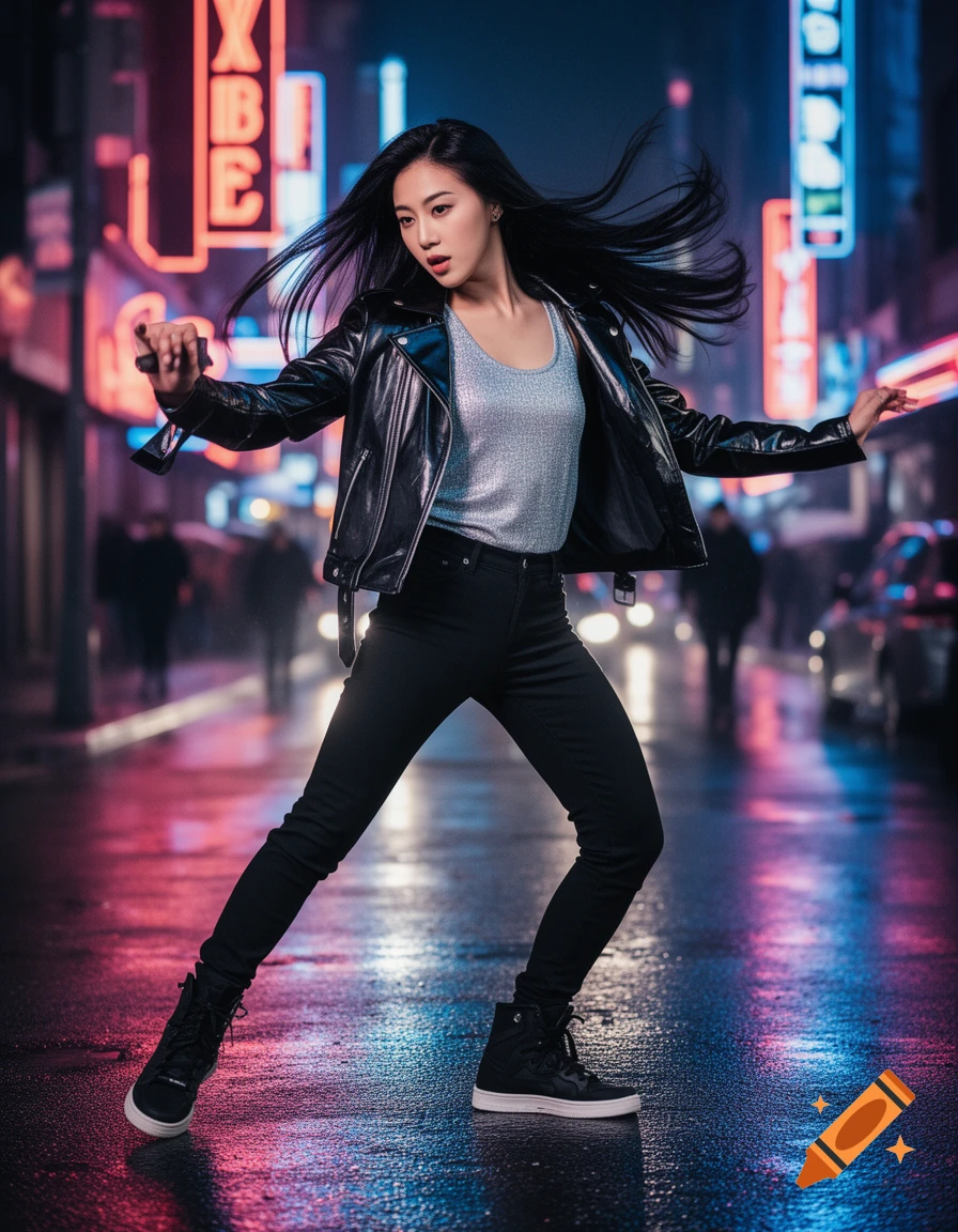 A young woman with long dark hair in a leather jacket and black pants poses dynamically on a wet, neon-lit city street at night.