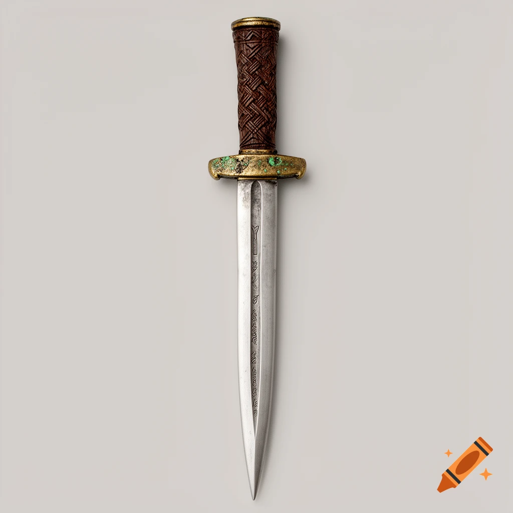 An ancient dagger with a textured dark brown handle, a gold guard with green patina, and a silver blade with faint etchings, set against a light gray background.