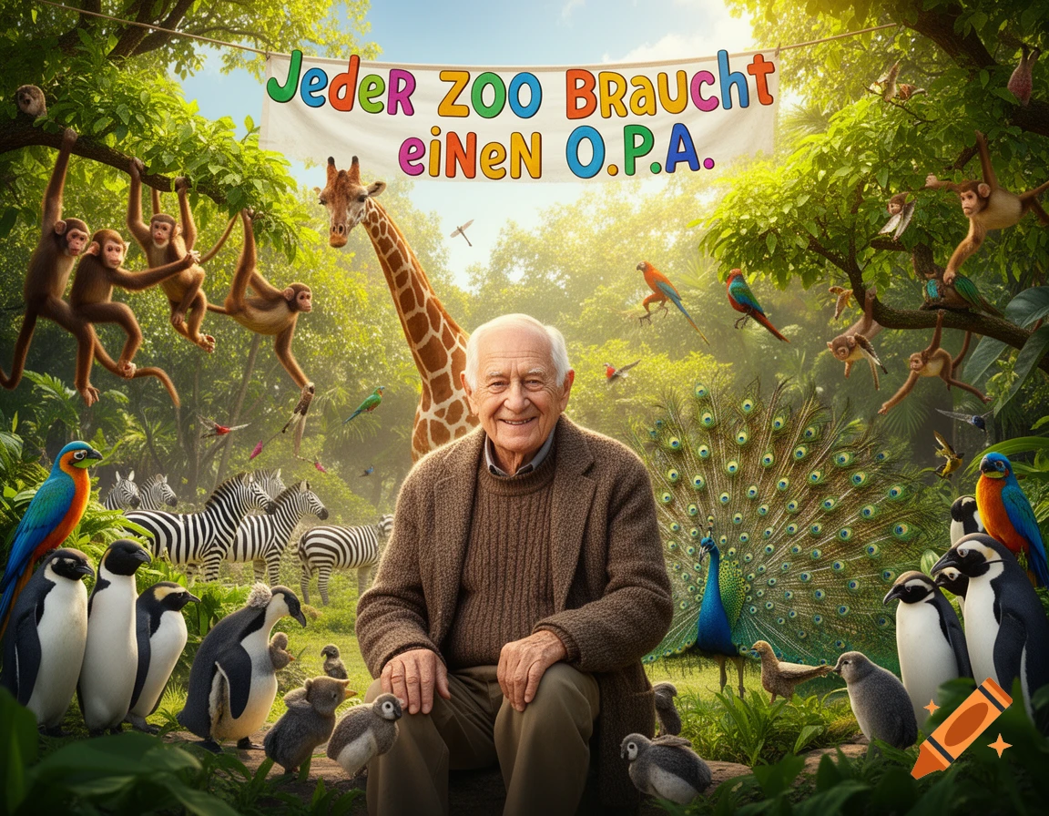 A smiling elderly man sits surrounded by various zoo animals including monkeys, a giraffe, zebras, penguins, and a peacock in a lush jungle setting, with a banner above.