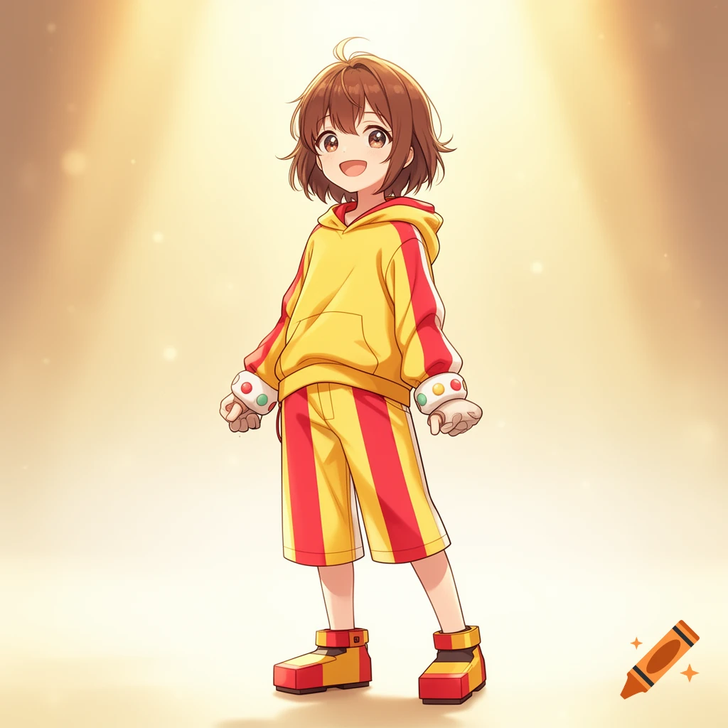 Smiling anime girl with brown hair, in a yellow and red striped hoodie, shorts, chunky gloves, and block boots. Soft anime style.