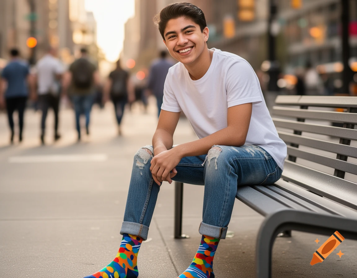 Young man smiling, sitting on a city bench, wearing a white t-shirt, ripped jeans, and colorful patterned socks.