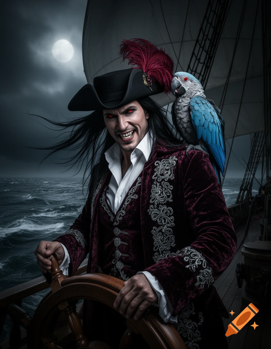 A menacing vampire pirate with glowing red eyes and fangs steers a ship on a stormy night, a blue parrot perched on his shoulder.