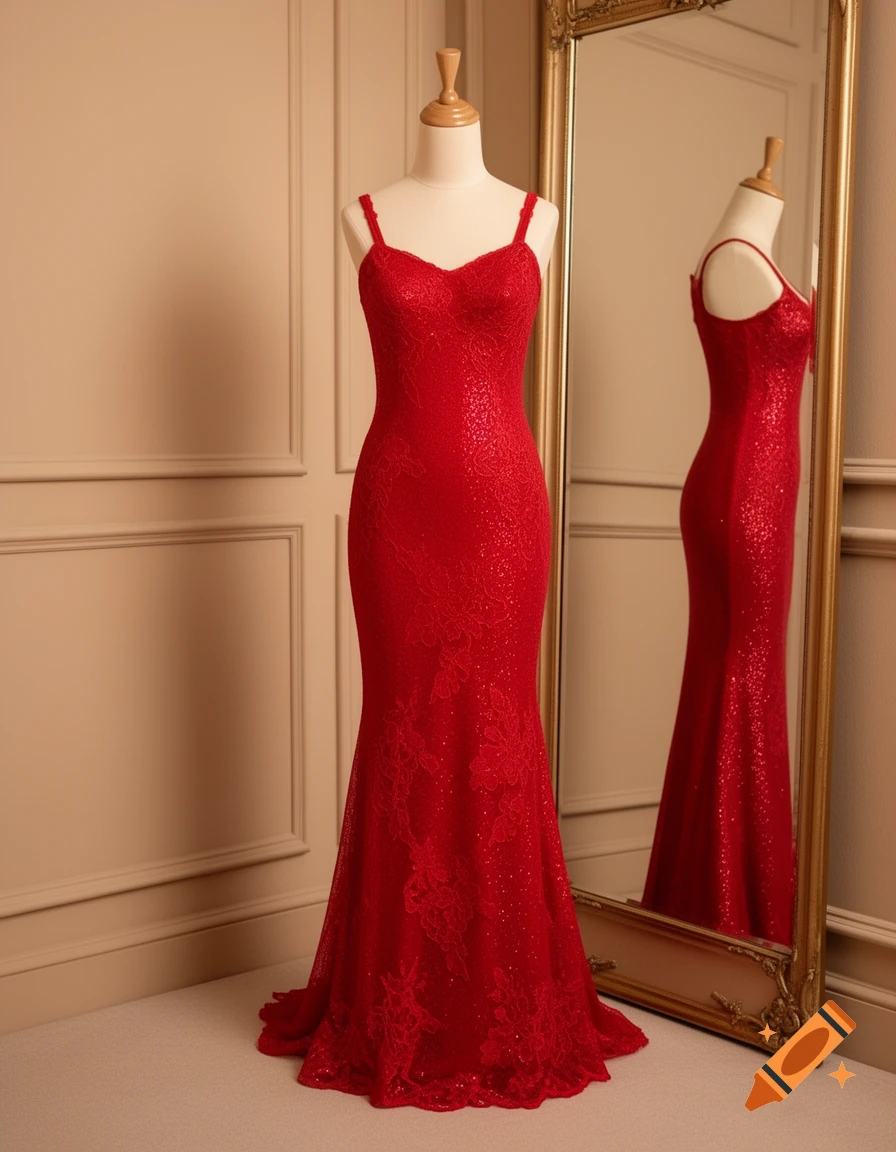 A dazzling red, floor-length mermaid gown with lace and glitter detailing displayed on a mannequin, with its reflection in a gold-framed mirror.