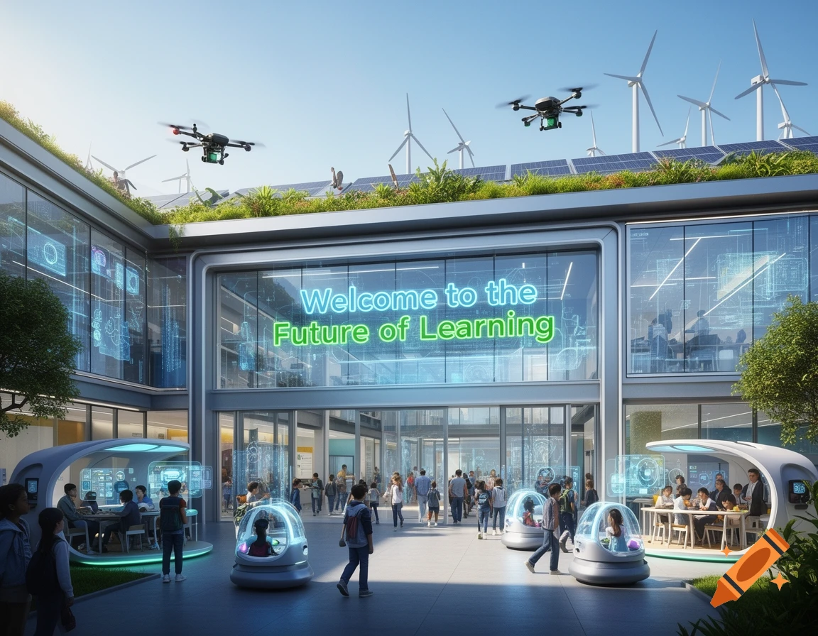 Photorealistic image of a futuristic green school building with students, drones, and wind turbines.