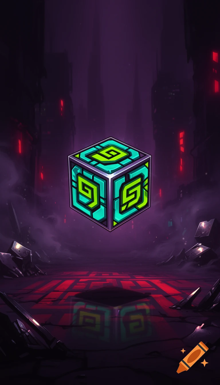A stylized, glowing turquoise and green cube with abstract symbols floats in a dark, cyberpunk-style cityscape with red lights and broken structures.
