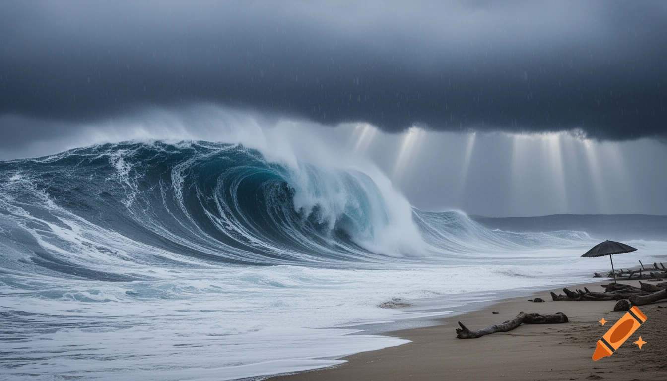 A massive tsunami wave crests and crashes onto a desolate sandy beach under a dark, rainy sky with beams of light.