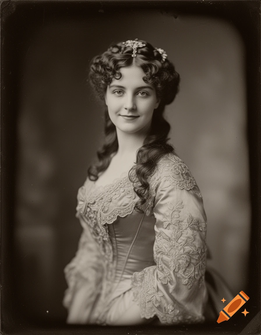 Sepia-toned daguerreotype portrait of a smiling woman in a curly hairstyle, wearing an ornate Victorian-era dress and a jeweled headpiece.