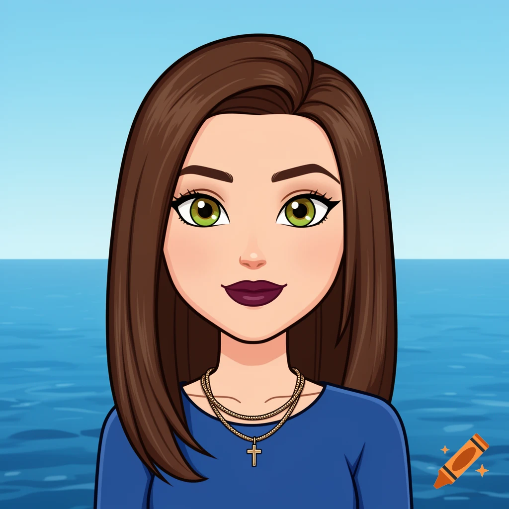 Cartoon avatar portrait of a woman with brown hair, green eyes, dark mauve lipstick, and a cross necklace, against a scenic blue sea background.