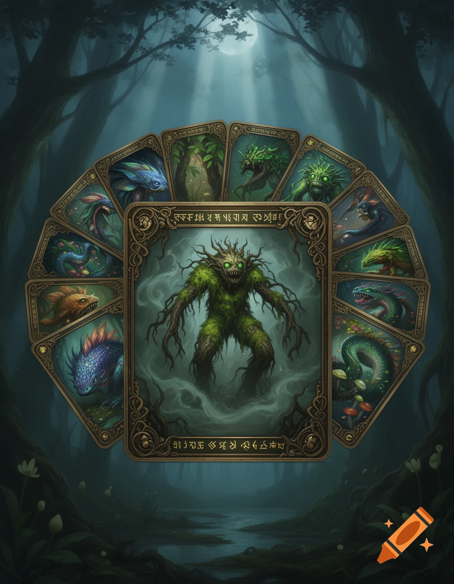 Fantasy trading cards featuring various bog creatures, including a mossy tree monster, fanned out in a dark, misty forest.