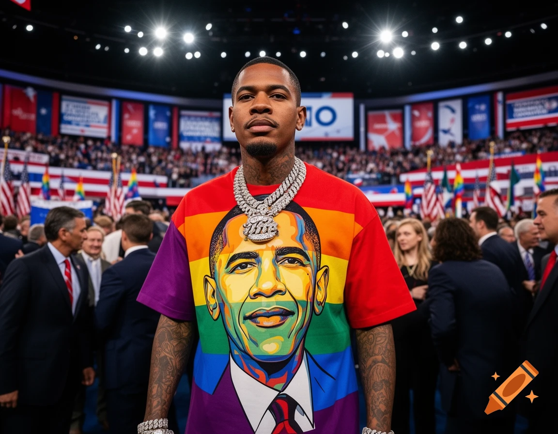 A man wearing a rainbow-colored t-shirt with a pop-art style portrait of Barack Obama, stands in a crowded political convention hall with American flags.