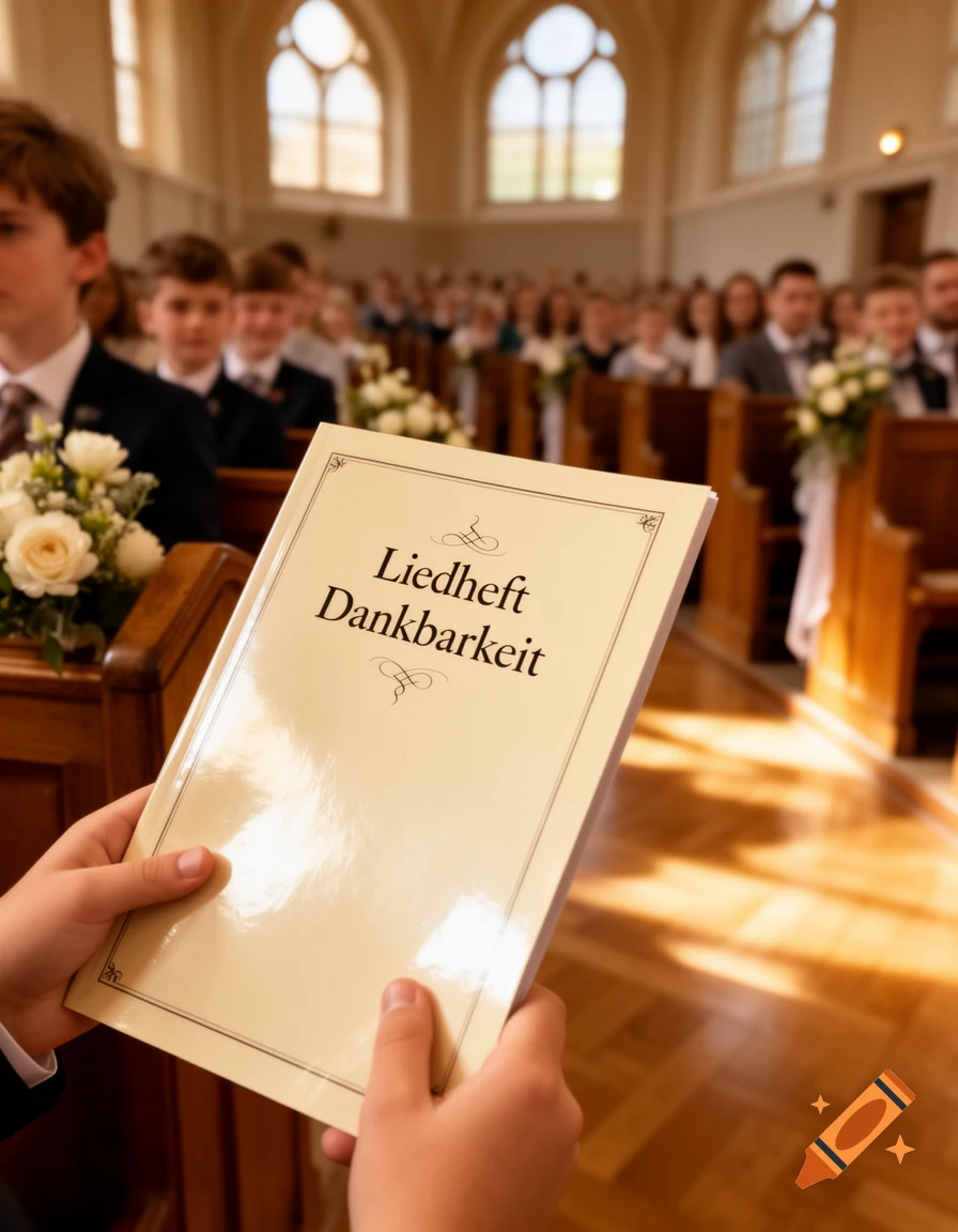 Close-up of a child holding a 'Liedheft Dankbarkeit' book in a church filled with people, photorealistic.