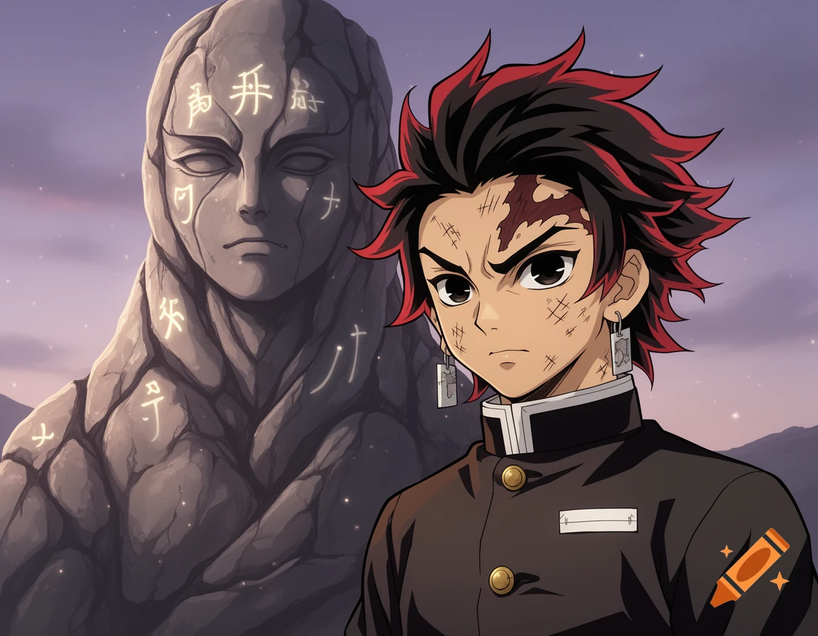 Anime character with black and red hair, a scar, and uniform stands before a large stone statue covered in glowing symbols under a twilight sky.