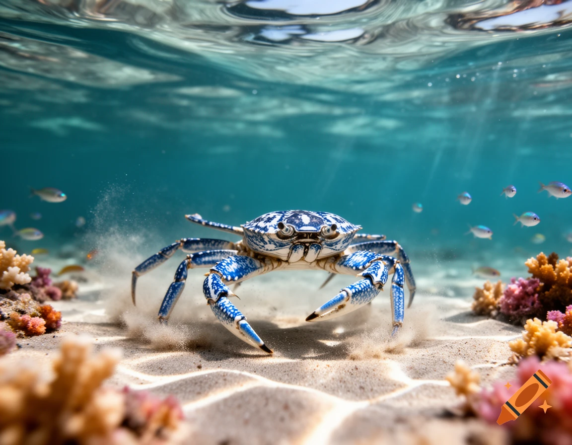 A blue and white crab walks on the sandy ocean floor, stirring up sediment. Small fish and colorful coral are visible around it, under clear blue water.