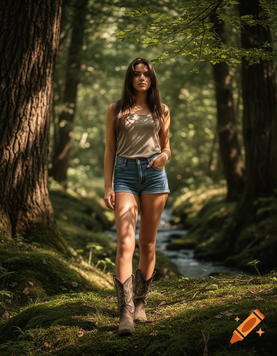 A woman stands in a sunlit forest, wearing a tank top, jean shorts, and cowboy boots, with a stream behind her.
