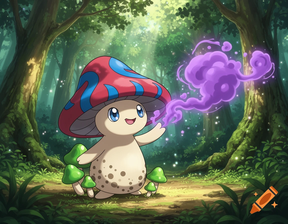 A cute mushroom-like creature with a red and blue cap stands in a forest, conjuring a purple cloud.