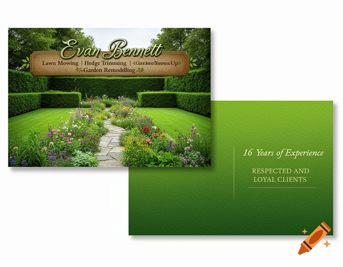 A postcard for Evan Bennett's landscaping business, featuring a lush garden with a stone path, colorful flowers, and neatly trimmed hedges. The back is a solid green with business details.