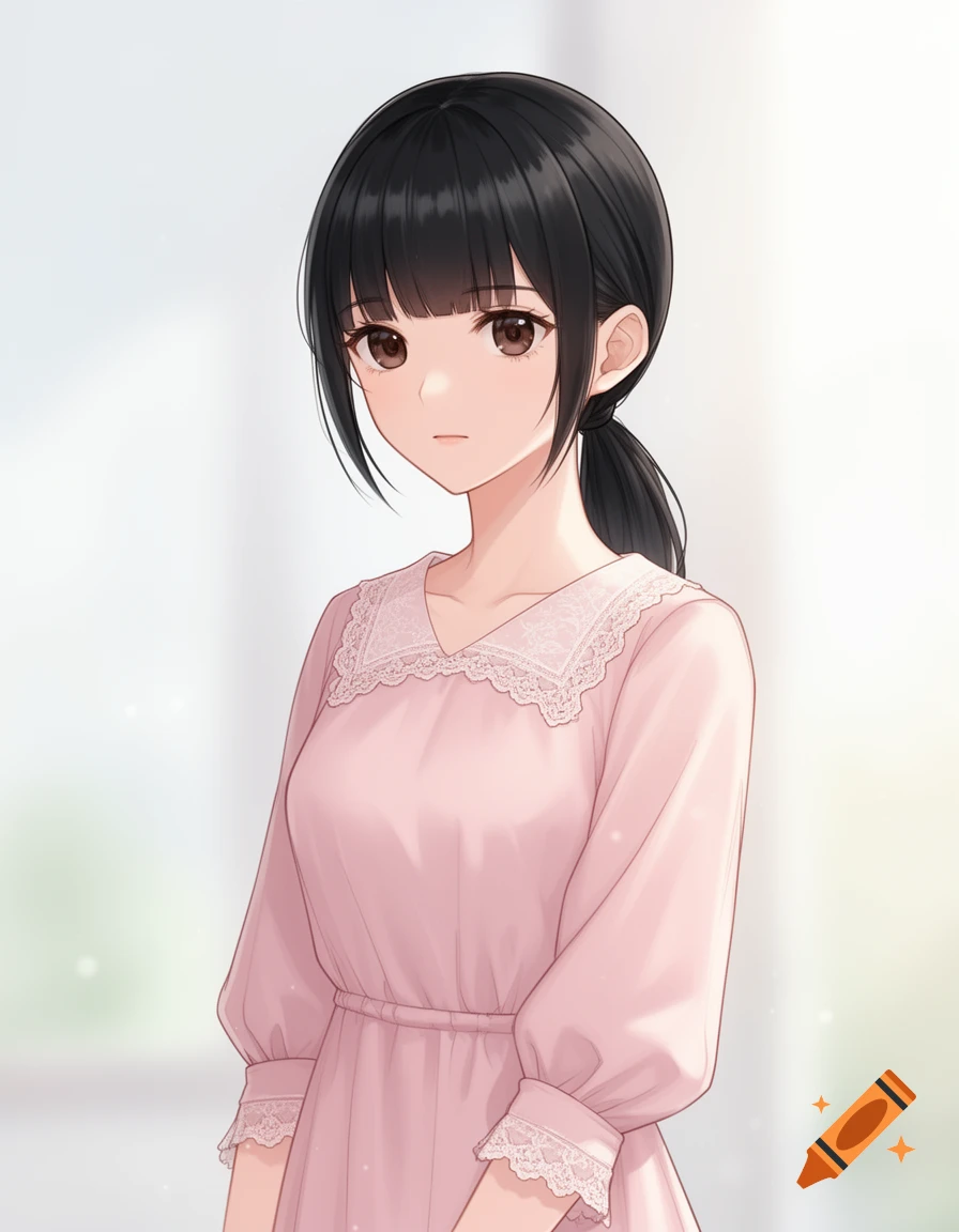 An anime-style portrait of a gentle girl with black hair in a low ponytail, wearing a light pink modest dress.