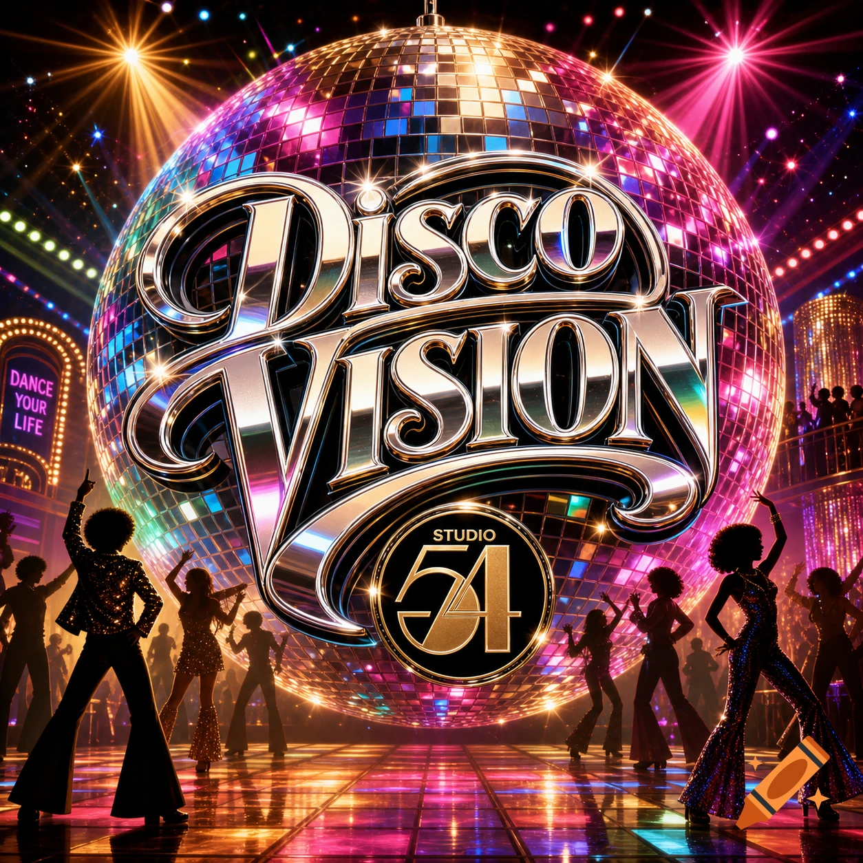 A vibrant disco scene with a large mirrorball, dancing silhouettes, and the prominent text 'Disco Vision' and 'Studio 54'.