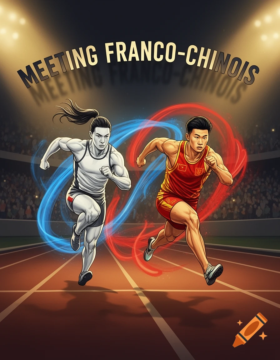 Dynamic illustration of two male sprinters, one in a white and grey uniform and one in a red and yellow Chinese uniform, running on a track under stadium lights. Text reads "MEETING FRANCO-CHINOIS".