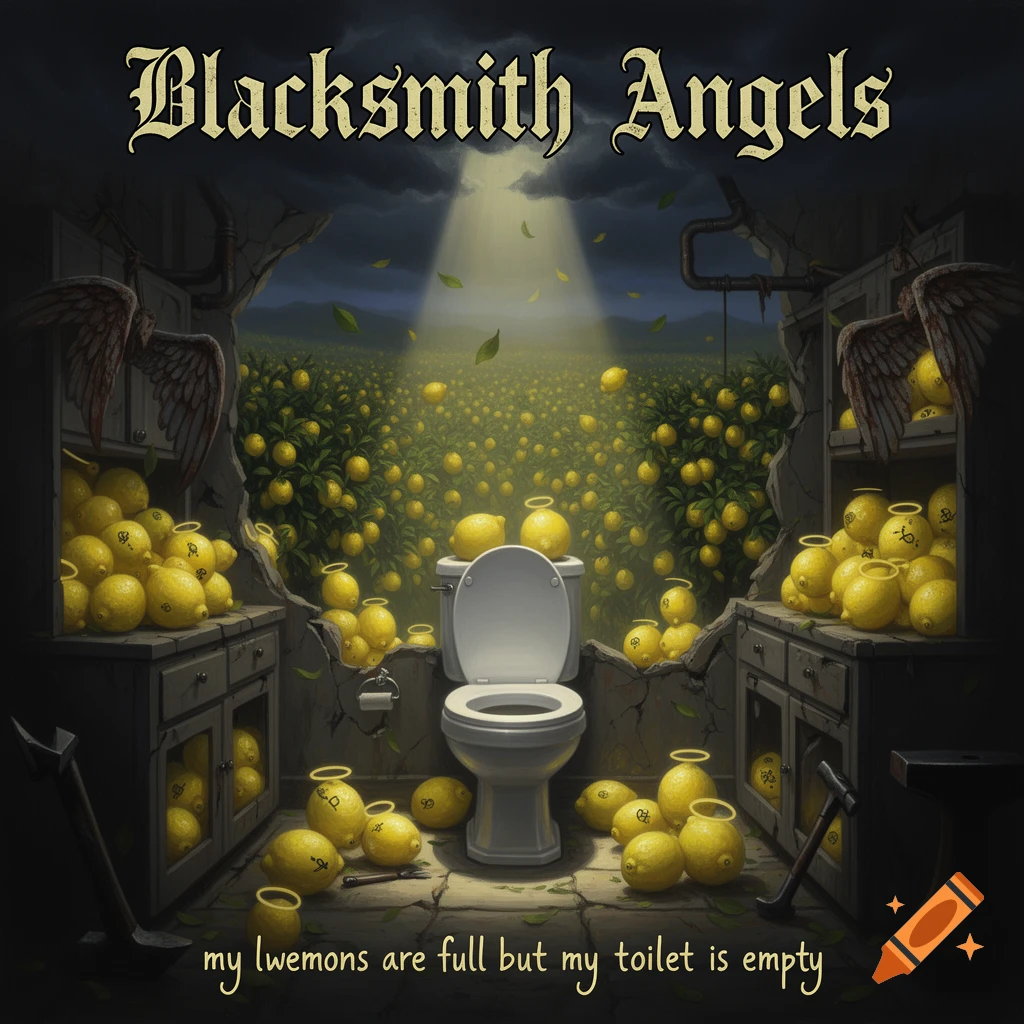 A surreal gothic fantasy painting of a toilet in a dilapidated bathroom surrounded by overflowing lemons and a vast lemon orchard under a stormy sky, with text "Blacksmith Angels" and "my lwemons are full but my toilet is empty".