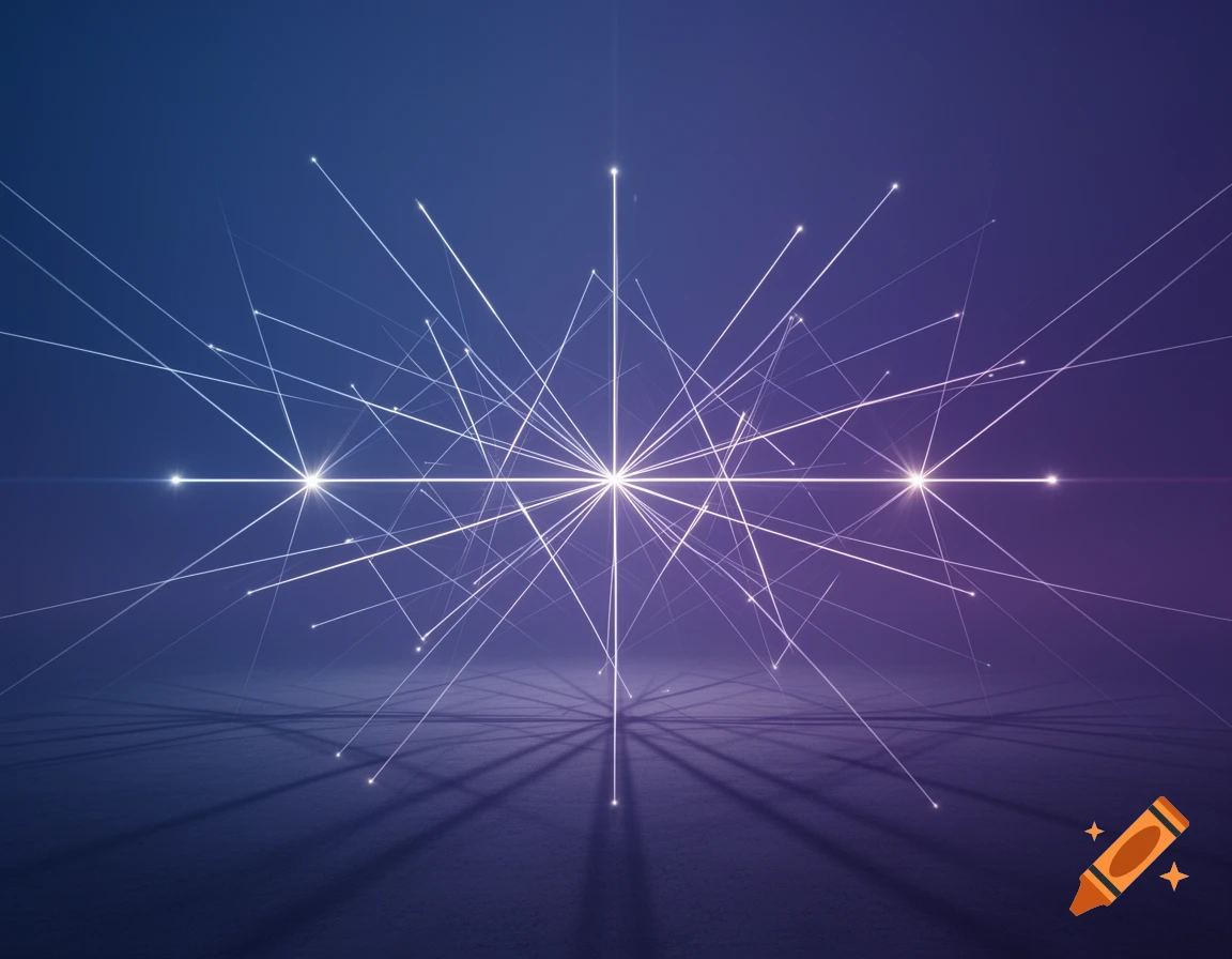 Glowing white lines radiate from central points, forming a complex geometric network against a dark blue and purple gradient background with reflections.