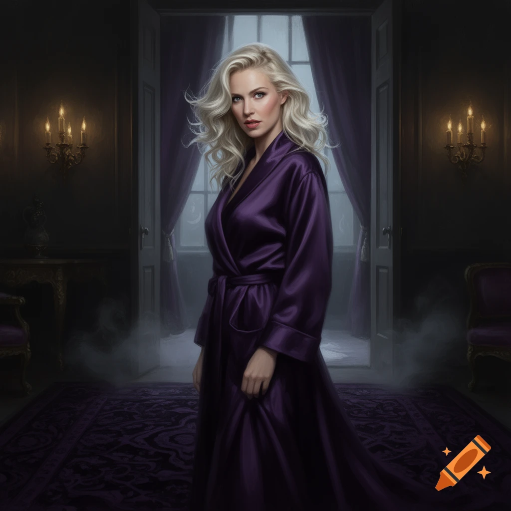 A blonde woman in a dark purple silk bathrobe stands in a dimly lit, gothic room with candelabras and purple curtains.