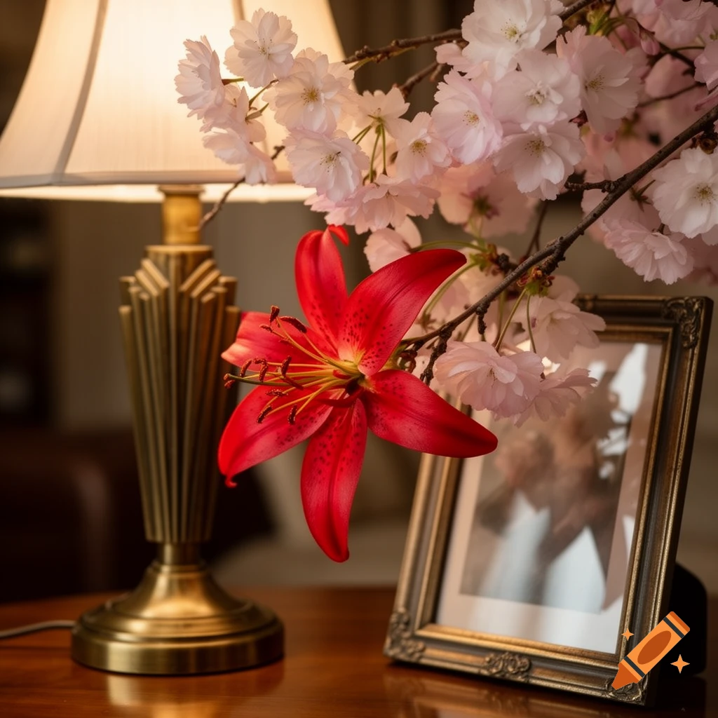 A vibrant red lily and delicate pink sakura blossoms next to a vintage gold lamp and a picture frame on a wooden table.