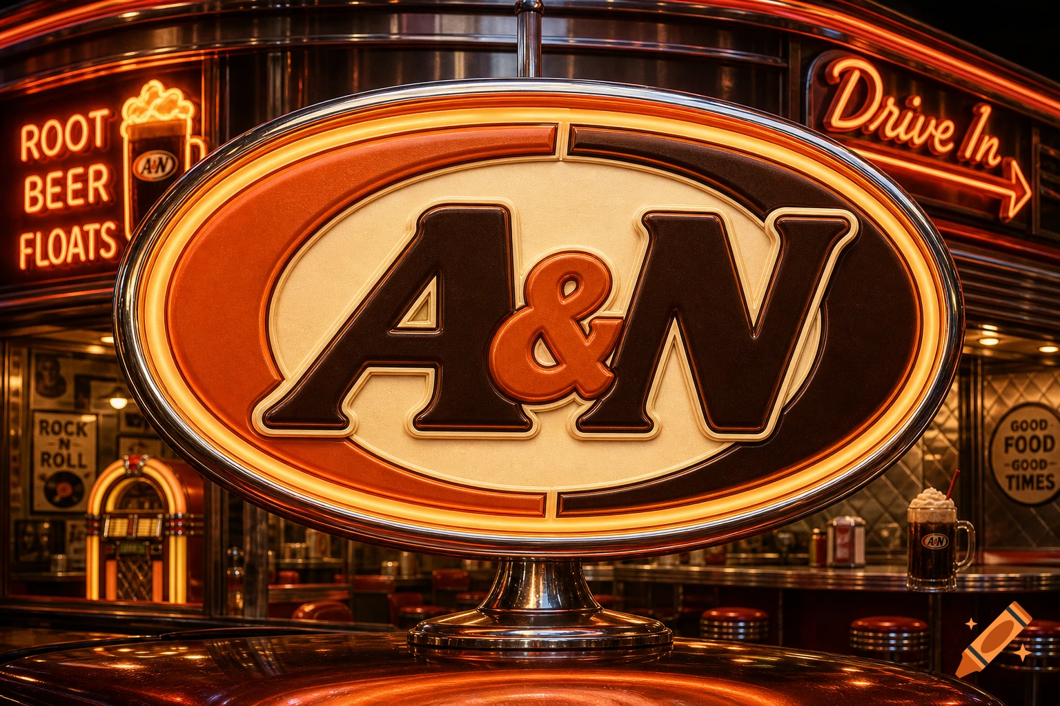 A prominent, illuminated A&N logo in a retro diner with neon signs for 'Root Beer Floats' and 'Drive In'.