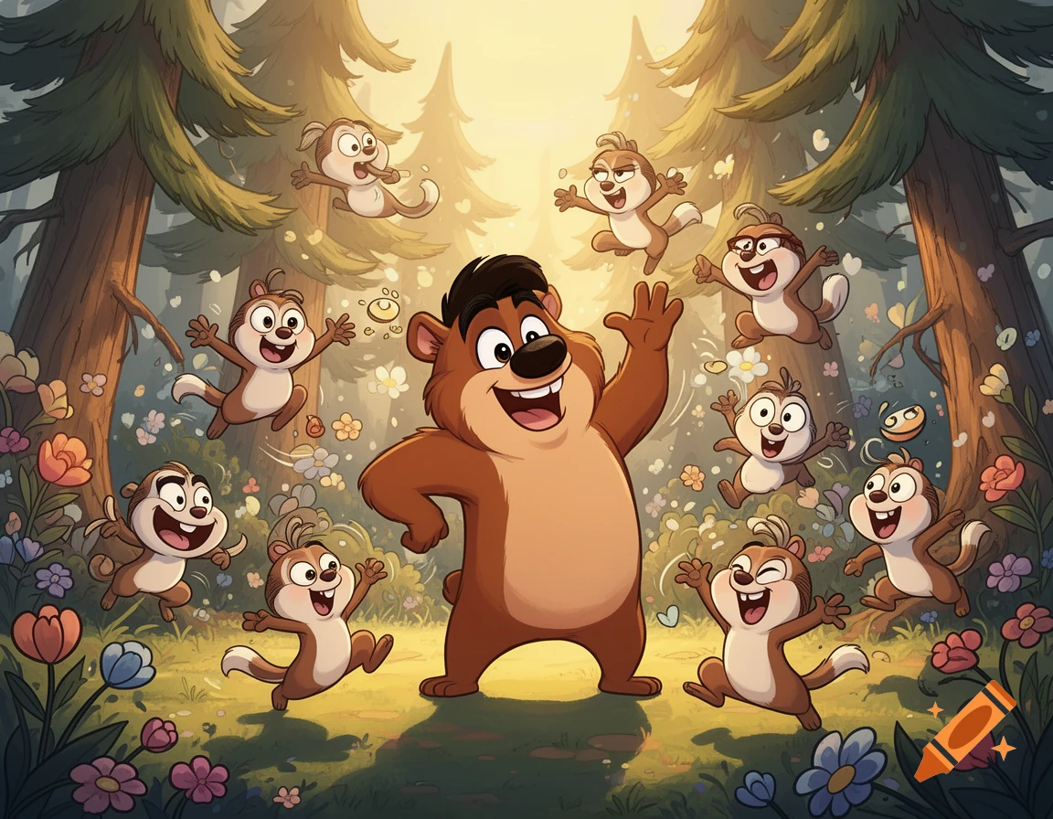 A cheerful cartoon bear waves in a sunny forest, surrounded by many happy, jumping chipmunk-like creatures and colorful flowers.