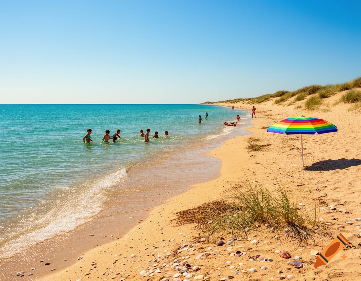 A vibrant, sunny beach scene with children playing in the turquoise ocean and a colorful rainbow umbrella on the golden sand.