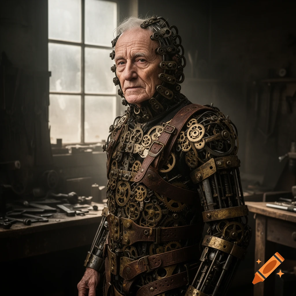 An old man with a serious expression wears a detailed steampunk suit made of gears, springs, and leather straps in a dimly lit workshop.