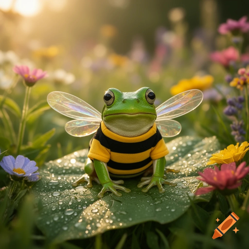 A photorealistic frog in a bee costume with translucent wings sits on a dewy leaf among colorful wildflowers in warm sunlight.