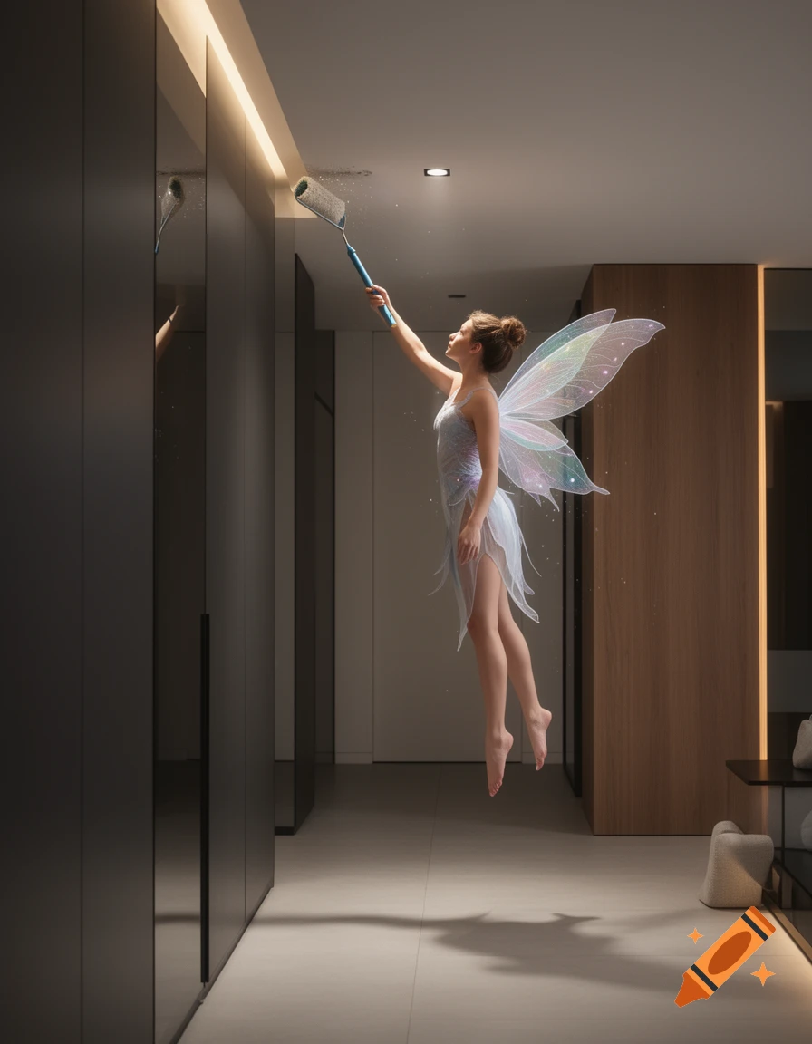 A fairy-like woman floats in a modern hallway, painting the ceiling with a roller, her translucent wings shimmering.